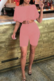 Pink Fashion Casual Solid Basic Off the Shoulder Half Sleeve Two Pieces