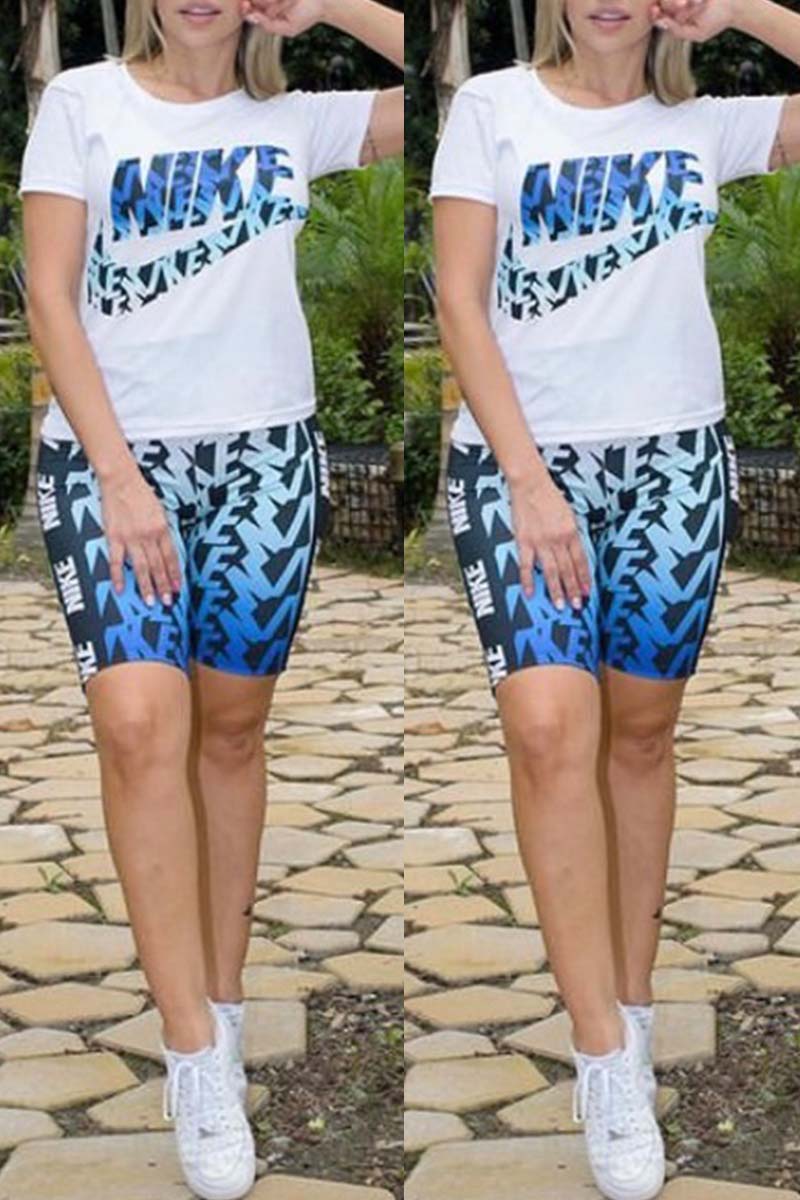 

Blue Casual Sportswear Print Basic O Neck Short Sleeve Two Pieces