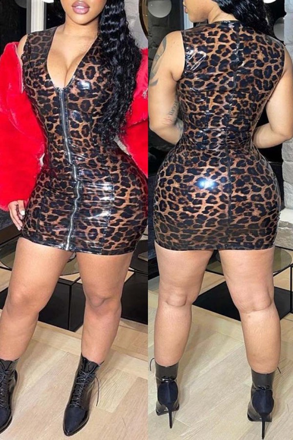 Brown Fashion Sexy Leopard Zipper V Neck Sleeveless Dress