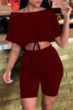 Black Fashion Casual Solid Basic Off the Shoulder Half Sleeve Two Pieces