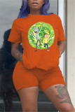 Orange Casual Cartoon Printed T-shirt Loose Set