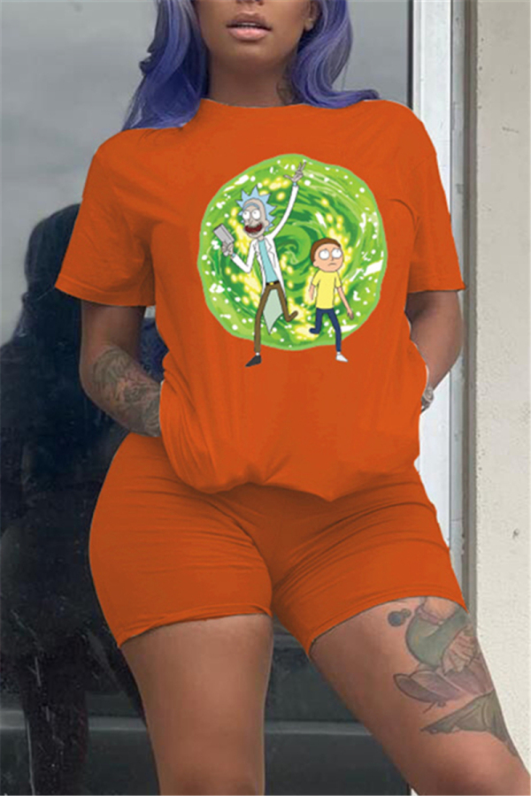 Orange Casual Cartoon Printed T-shirt Loose Set