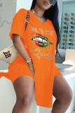 Orange Fashion Casual Letter Lips Printed Slit V Neck Two Pieces