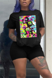 Black Casual Cartoon Printed T-shirt Loose Set