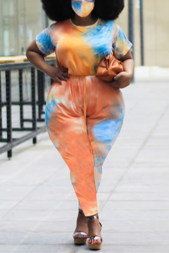 Orange Fashion Casual Print Tie-dye O Neck Plus Size Jumpsuits