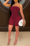 Burgundy Sexy Solid Patchwork See-through Strapless Skinny Romper