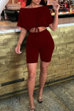 Burgundy Fashion Casual Solid Basic Off the Shoulder Half Sleeve Two Pieces