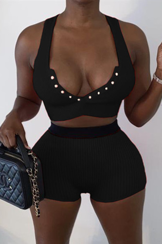 Black Sexy Casual Solid Basic V Neck Sleeveless Two Pieces