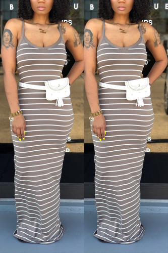 Grey Sexy Fashion Spaghetti Strap Sleeveless Slip Step Skirt Floor-Length Striped Casual Dress