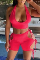 Watermelon Red Fashion Sexy Solid Hollowed Out Backless Strap Design U Neck Sleeveless Two Pieces