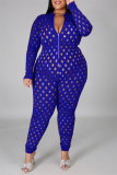 Black Fashion Sexy Solid Hollowed Out See-through Zipper Collar Plus Size Jumpsuits