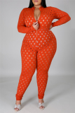 Orange Fashion Sexy Solid Hollowed Out See-through Zipper Collar Plus Size Jumpsuits