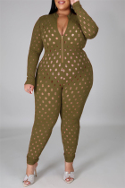 Army Green Fashion Sexy Solid Hollowed Out See-through Zipper Collar Plus Size Jumpsuits