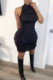Black Sexy Casual Solid Fold Turtleneck Sleeveless Dress