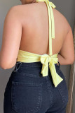 Yellow Sexy Casual Solid Hollowed Out Backless Halter Tops