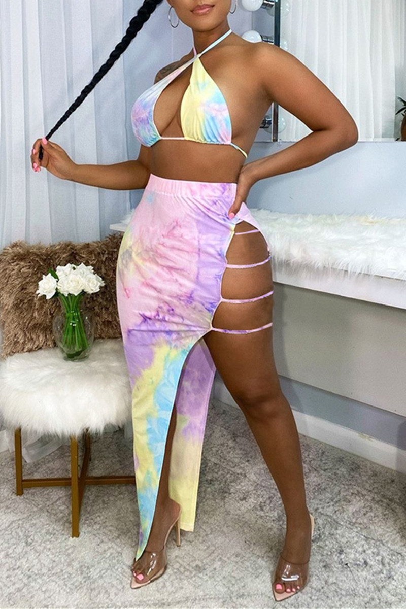 Pink Sexy Print Tie Dye Hollowed Out Backless Beach Swimsuit Set