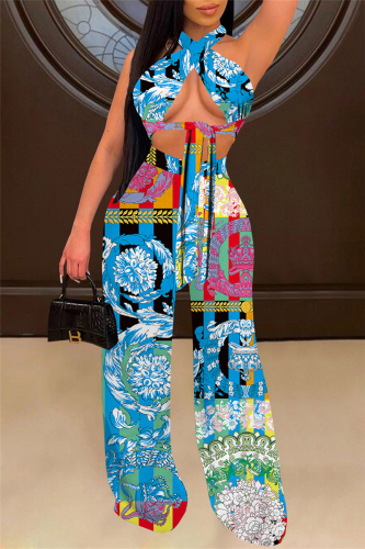Blue Fashion Sexy Print Backless Strap Design Strapless Sleeveless Two Pieces
