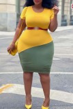 Green Yellow Fashion Casual Plus Size Patchwork Without Belt O Neck Short Sleeve Dress