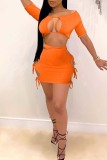 Orange Fashion Sexy Solid Hollowed Out Strap Design O Neck Short Sleeve Two Pieces