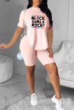 Pink Fashion Casual Letter Print Slit O Neck Short Sleeve Two Pieces