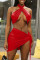 Red Sexy Solid Backless Asymmetrical Halter Sleeveless Two Pieces