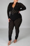 Orange Fashion Sexy Solid Hollowed Out See-through Zipper Collar Plus Size Jumpsuits