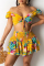 Yellow Sexy Casual Print Backless Off the Shoulder Sleeveless Two Pieces