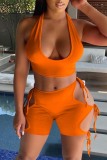 Orange Fashion Sexy Solid Hollowed Out Backless Strap Design U Neck Sleeveless Two Pieces