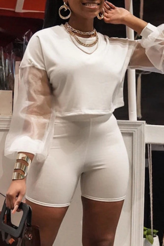 White Fashion Casual Solid Patchwork See-through O Neck Long Sleeve Two Pieces