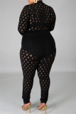 Black Fashion Sexy Solid Hollowed Out See-through Zipper Collar Plus Size Jumpsuits