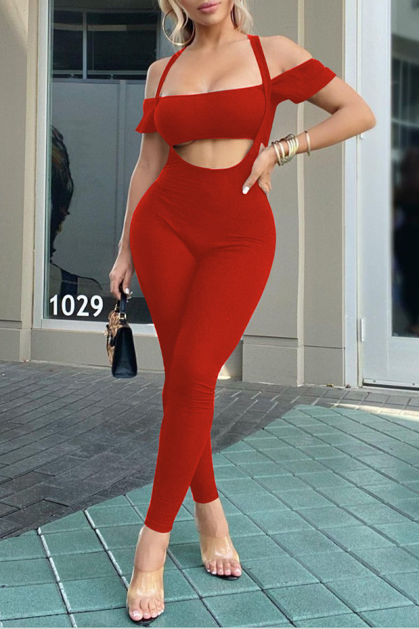Red Sexy Casual Solid Backless Off the Shoulder Short Sleeve Two Pieces