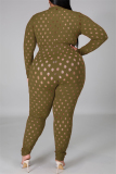 Army Green Fashion Sexy Solid Hollowed Out See-through Zipper Collar Plus Size Jumpsuits