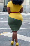 Orange Yellow Fashion Casual Plus Size Patchwork Without Belt O Neck Short Sleeve Dress