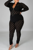 Blue Fashion Sexy Solid Hollowed Out See-through Zipper Collar Plus Size Jumpsuits