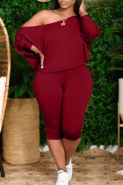 Burgundy Fashion Casual Solid Basic Oblique Collar Plus Size Two Pieces
