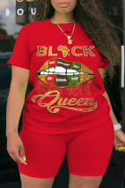 Red Fashion Active Casual O Neck Letter Lips Print Plus Size