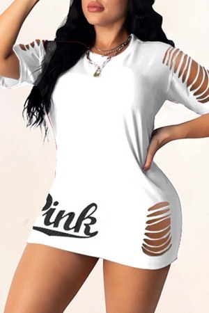 White Fashion Sexy Letter Print Ripped O Neck Short Sleeve Dress