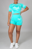 Cyan Casual Sportswear Letter Print Basic O Neck Short Sleeve Two Pieces