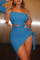 Blue Sexy Solid Hollowed Out Backless Strap Design Off the Shoulder Long Sleeve Dresses