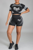 Black Casual Sportswear Letter Print Basic O Neck Short Sleeve Two Pieces