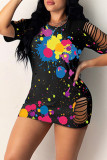 Black Fashion Sexy Print Ripped Hollowed Out O Neck Short Sleeve Dress