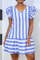 Blue Fashion Casual Striped Print Basic V Neck Short Sleeve Dress
