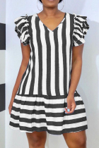 Black Fashion Casual Striped Print Basic V Neck Short Sleeve Dress