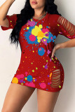 Red Fashion Sexy Print Ripped Hollowed Out O Neck Short Sleeve Dress