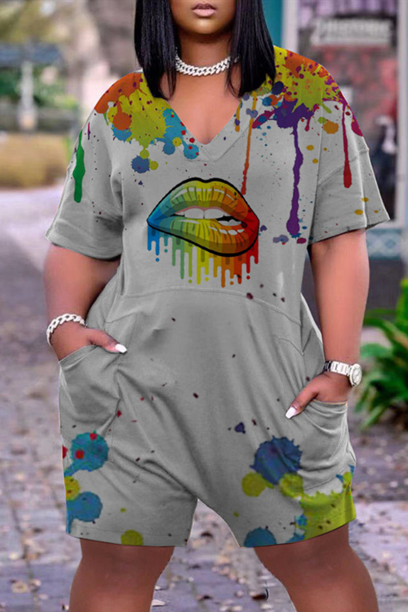 

Grey Fashion Casual Lips Printed Basic V Neck Regular Romper