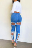 The cowboy blue Fashion Sexy Solid Ripped High Waist Regular Jeans