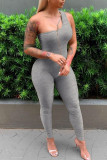 Grey Sexy Casual Solid Backless Zipper One Shoulder Skinny Jumpsuits