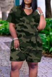 Camouflage Casual Print Patchwork V Neck Loose Jumpsuits