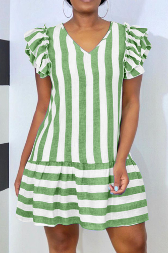 Green Fashion Casual Striped Print Basic V Neck Short Sleeve Dress