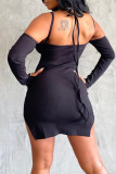 Black Fashion Sexy Solid Backless Slit Halter Long Sleeve Dresses